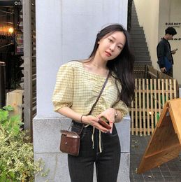 belt yellow short shirt Summer Casual Vintage Blouses sleeve Plaid Cotton Girls Blouse Women Top femme 210417