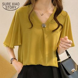 Summer Korean Loose Plus Size 4XL Ladies' Tops Short Sleeve Solid Color Elegant Ruffle Chiffon Blouse Women 9312 50 210527