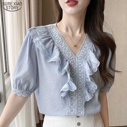 Sweet V Neck Lace Up Women Shirts Korean Fashion Summer Puff Sleeve Cotton Women Blouse and Tops Solid Clothing 14250 210527