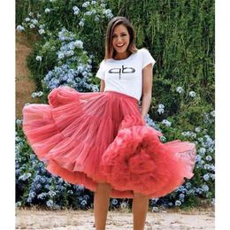 Pretty Puffy Teal Mid-Calf Tulle Skirts Women Elastic Fashion Bridal Bridesmaid Tulle Skirt Ruffles Tutu Saias 210412