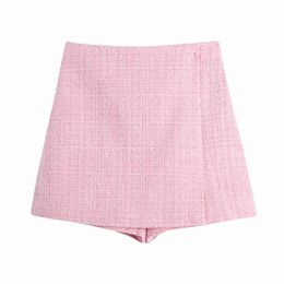 Pink Textured Plaid Women's Culottes Sweet and Sexy Chic Short Female Shorts 210507