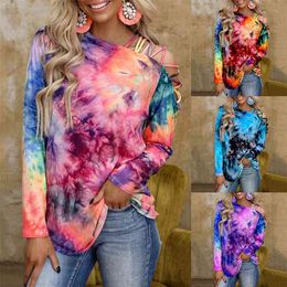 Tie-Dye Printed Off Shoulder T-shirt Long Sleeve Sexy Casual Loose for Women Top Slant Collar Spring and Summer S-2XL 210623