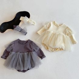 Spring Autumn Infant Baby Girls Pure Colour Rompers + Hair Band Clothing Kids Girl Long Sleeve Clothes 210429