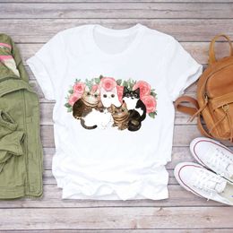 Women Cartoon Cat Flower Cartoon Kawaii 90s Animal Fashion Print Lady T-shirts Top Womens Graphic T Shirt Female Tee T-Shirt X0527