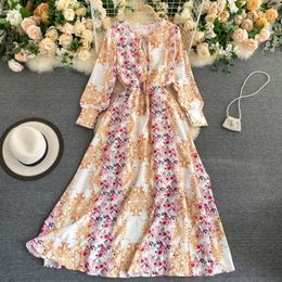 Design Print Maxi Dress Women Autumn Korean Retro O Neck Long Sleeve Streetwear Dress Chic Fashion A-line Long Robe 210419