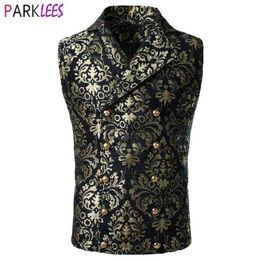 Men's Victorian Steampunk Vest Double Breasted Damask Tapestry Waistcoat Men Gothic Aristocrat Wedding Party Cosplay Gilet Homme 210522