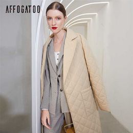 Affogato Long straight coat with rhombus pattern Casual sashes women winter parka Deep pockets tailored collar stylish outerwear 211008