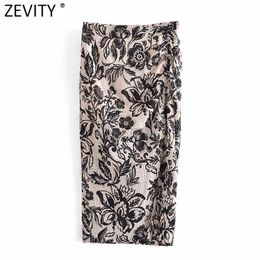 Zevity Women Floral Print Pleated Design Split A Line Skirt Faldas Mujer Femme Side Zipper Casual Slim Summer Vestido QUN761 210621