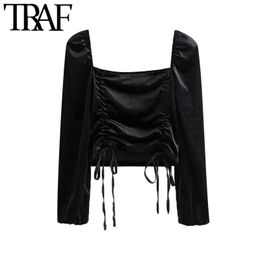 TRAF Women Sexy Fashion Drawstring Tied Velvet Cropped Blouses Vintage Sqaure Collar Long Sleeve Female Shirts Chic Top 210415