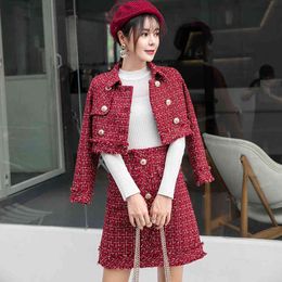 Autumn Winter Women Gold Double-breasted Tweed Short Jacket Coat + Bodycon Skirt Tassels 2PCS Clothing Set Red Plaid Suit 210416