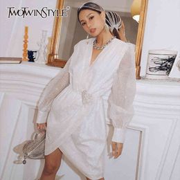 TWOTWINSTYLE White Patchwork Diamond Dress For Women V Neck Long Sleeve High Waist Temperament Mini Dresses Female Fashion 210517