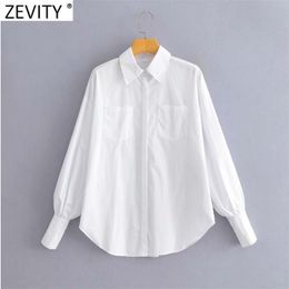 Women Basic Double Pockets Patch Lantern Sleeve Casual Breasted Shirt Female White Blouse Roupas Chic Chemise Tops LS9055 210420