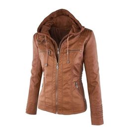 Basic Pu Leather Jacket Women Stylish Long Sleeve Solid Colour Zipper Removable Hooded Female Winter Motorcycle Coat 211029