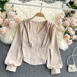 SINGREINY Women Retro Solid Blouse V Neck Puff Sleeve Button Slim Tops Spring Korean Casual Streetwear Chiffon Short Blouses 210419