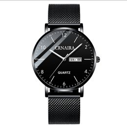 Crnaira Black Steel Mesh Band Quartz Mens Watches Luminous Calendar Watch Big Three Hands Casual Business Stylish Man Wristwatches