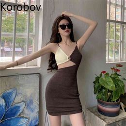 Korobov Vintage Knitted Hit Colour Patchwork Women Dress Korean Chic Backless Hollow Out Female Dreses Sexy V Neck Vestidos 210430