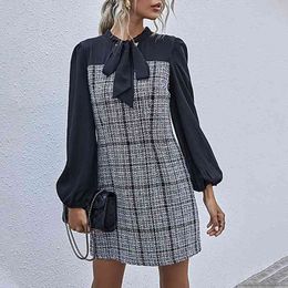 Chic Vintage Knitted Plaid Winter Dress Elegant Bowknot Long Sleeve Patchwork Office Ladies Short A-Line Dresses Vestidos W251 210526