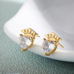 Trendy Graduation Cap Small Stud Earrings for Woman Fashion Crystal Love Heart CZ Zircon Earrings Female Party Jewellery Gift