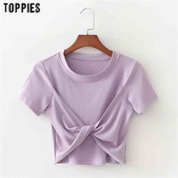 fashion knot tops womens summer cropped short sleeve violet t-shirts round neck 210421