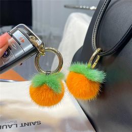 Keychains Mini Real Ball Keychain Plush Persimmon Women Bag Jewellery Pendant Ornaments Cute Car Key Metal Ring Fruit Trinkets Gift