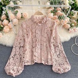 Pink Lace Shirt Women Fashion Summer Hollow Out Floral Blouse Elegant Long Sleeve Buttons Female Top with Camis 210603