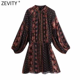 Zevity Women Vintage Totem Flower Print Chiffon Mini dress Female Lantern Sleeve Kimono Vestido Chic Casual Loose Dresses DS4792 210603