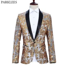 Shiny Gold Floral Sequin Velvet Blazer Men Brand Shawl Lapel One Button Suit Jacket for Party Club Dinner Wedding Prom Stage 2XL 210522