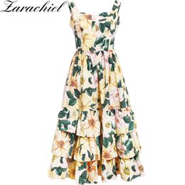 Runway Summer Sexy Spaghetti Strap Floral Dress Women Camellia Flower Print Blackless Cascading Ruffles Beach Midi Dresses 210416