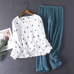 Japanese style spring and autumn ladies cotton crepe cloth long-sleeved trousers Pyjamas cactus comfortable home service 210928