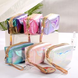 Colourful PU Women Cosmetic Storage Bag Fashion Laser Cartoon Fishtail Zipper Make Up Pouch Travel Portable Washable Bag Toiletry Organiser