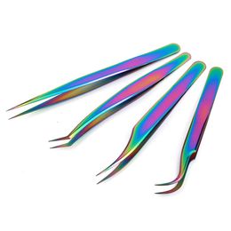 Rainbow Colour Eyelashes Extension Tweezers Curler Anti-Static Stainless Steel Curved Tip Precision Clips For Volume Eyelash Grafting Tools