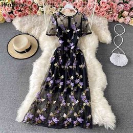 Evening Dress for Women Floral Butterfly Embroidery Mesh Dresses High Waist Summer Korean Elegant Vestidos Chic 210519