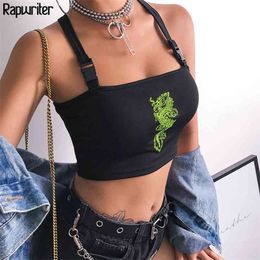 Chinese Style Dragon Embroidery Cross Buckle Crop Top Women Summer Streetwear Camis Short Festival s 210510