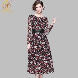 Spring Lace Flowers Dress Work Casual Women Long Sleeve Sexy Hollow Out Vintage Vestidos Free Belt 210520