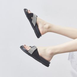 Creepers Glitter Crystal Suede Leather Flipflops Femme Cross Band Open Toe Sandalias Non-slip Leisure Muffins Sandals Women 2021