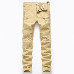 Men's Jeans Khaki Biker Pleated Design Mens Skinny Slim Stretch Denim Pants Hip-hop Street Destroyed Ripped Jean 28-42
