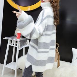 Women's Imitation Mink Wool Sweater Loose Thick Turtleneck Pullover Wearing A Striped Bottoming Shirt 210427