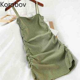 Korobov Summer Spaghetti Strap Dresses Sweet A-Line Robe Femme Korean Casual Sexy Knitted Mini Dress Femme 210430