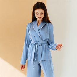 HECHAN Blue Black Patchwork Pyjama With Sashes Long Sleeve Loose Pants 2 Piece Set Home Wear Female Suit Sets Casual 210809