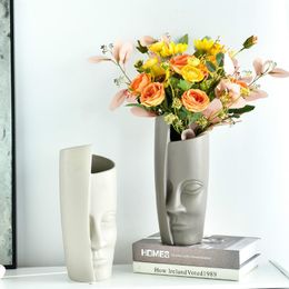 Vases Creative Half Face Vase Ceramic Matte Flower Pot Arrangement Home Decor Table Ornament White Gray Abstract Decorative Jar