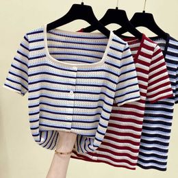 Women Knitted sweater pullover Crop Top Summer Short Sleeve square Neck Buttons Front Vintage Chevron Sweaters plus size 210604