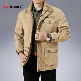 Large Size M-6XL Spring Autumn Men's Military Casual Style 100% Cotton Khaki Loose Mid-length Jacket Coat Man Black Jackets 210927