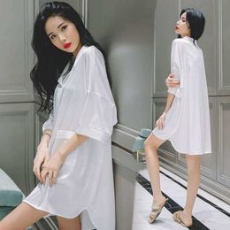 Summer Dress Cozy Cool Sleepwear Sexy Women's Pajamas Solid Color White Shirt Medium Length Half Sleeve Nightie Female 210528