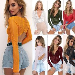 Women's Jumpsuits & Rompers 7mang2021 Women Slim Transparent Lace Bodysuit Back Hollow Bodycon Club Wear Sexy Deep V-Neck Mesh Crochet