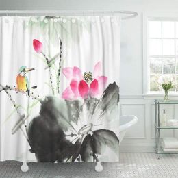 Shower Curtains Curtain Japanese Kingfisher And Lotus Flower Watercolour Painting Animal Artistic Beautiful Bird Bathroom