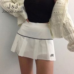 Jocoo Jolee Women Y2K Light Letter Embroidery Sexy Preppy Street Style Summer Solid Pleated Elastic Waist Mini Skirt 210518
