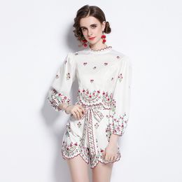 Fashion Two Piece Set Women Summer Retro Print Long Sleeved Stand Collar Shirt + High Waist Lace Up Wide Leg Shorts Suit 210514