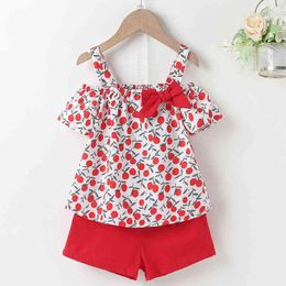 Summer Girls' Clothes Set Fashion Full Print Fruit Bow Sling + Pure Colour Shorts With Belt 2Pcs Children's 210515