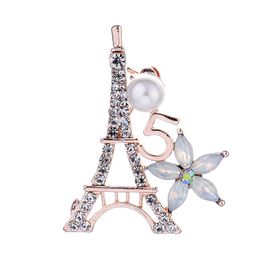 Pins, Brooches Creative Gold Color Eiffel Tower For Women Fashion Number 5 With Pearl Crystal Stone Clothes Pin Men X1824