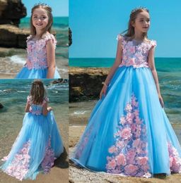 Princess Appliques Flower Girl Dress Colour Matching Blue&Pink Custom Made Birthday Gowns Back Lace Up Pageant First Communion Dresses